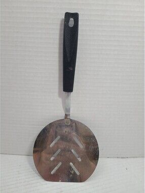 Vintage Stainless Steel Round Slotted Spatula w/ Black Textured Handle